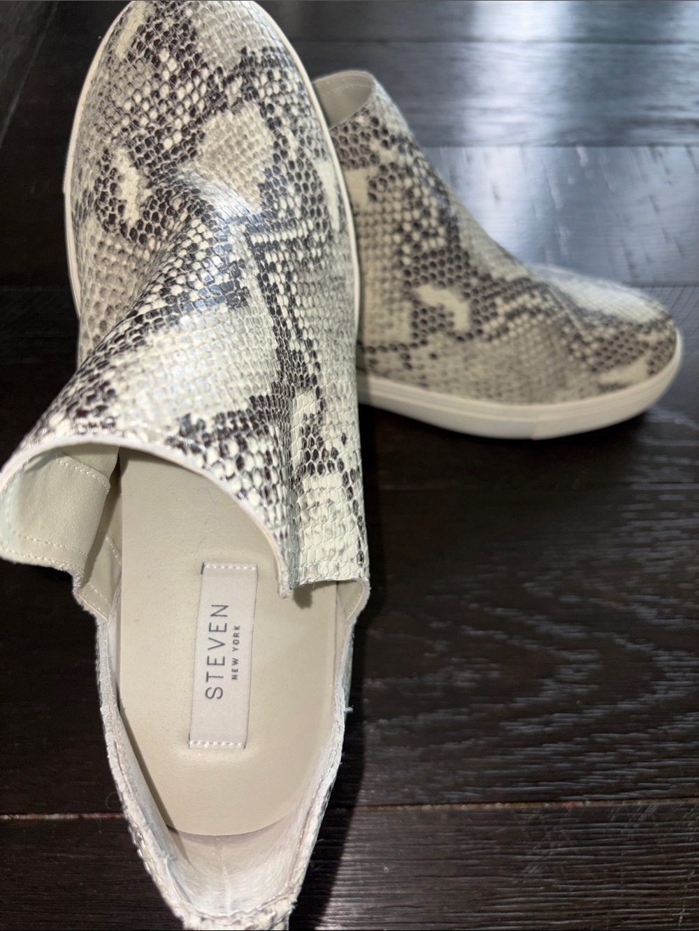 Steve Madden White and Gray Snake-Print Slip-On Sneakers